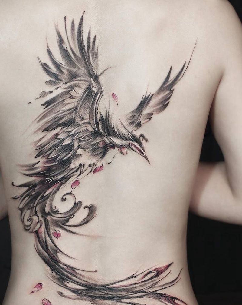 凤仪纹身图片_背部水墨凤凰纹身图案