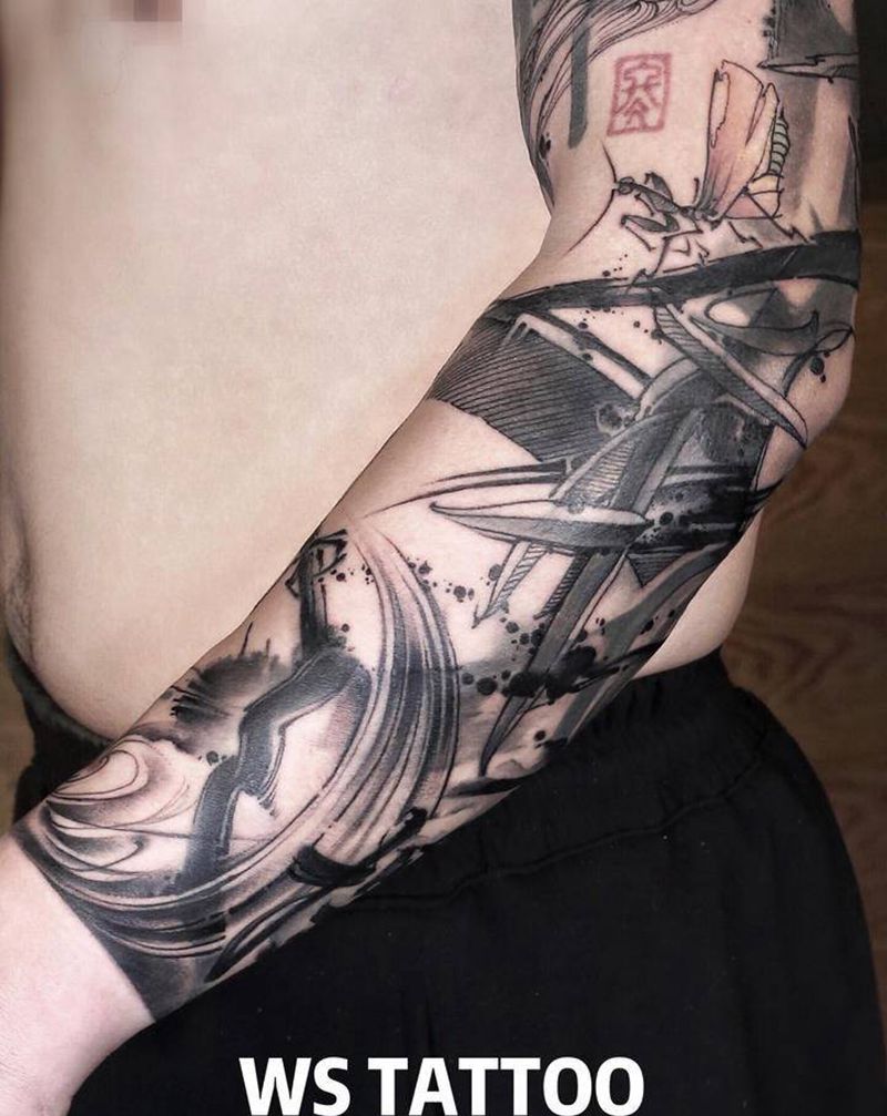 修改遮盖纹身图片_手臂水墨书法花鸟纹身图案