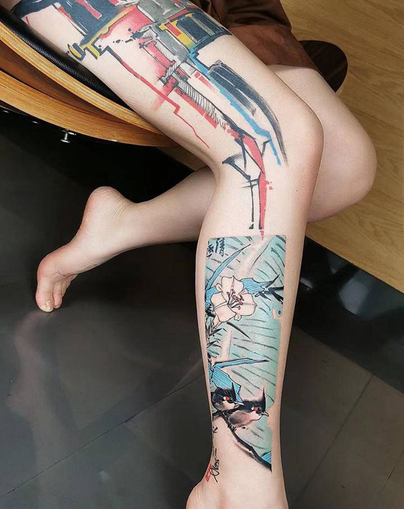 清趣纹身图片_腿部水墨花鸟纹身图案