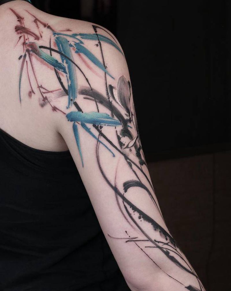 翠竹 玉兰纹身图片_手臂水墨玉兰花竹植物纹身图案