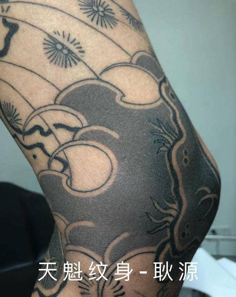 恢复后纹身图片_腿部老传统水浪人物纹身图案