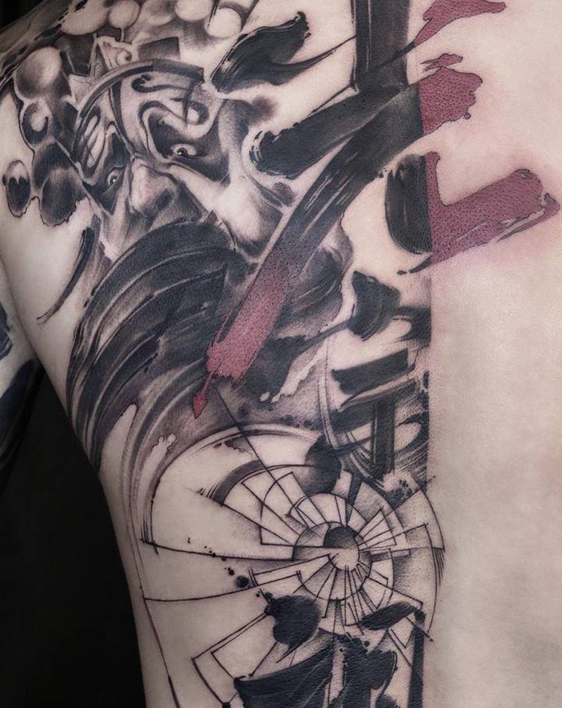 光宗耀祖纹身图片_背部水墨书法京剧脸谱纹身图案