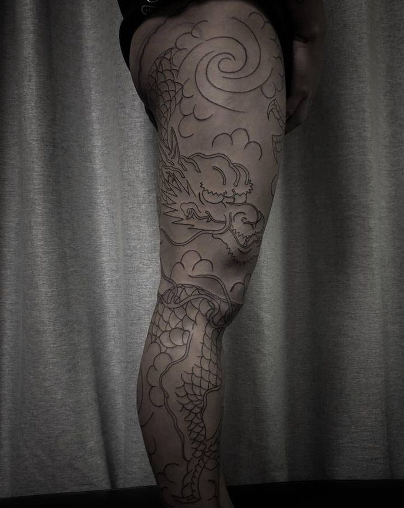 龙纹身图片_腿部老传统龙 风云纹身图案