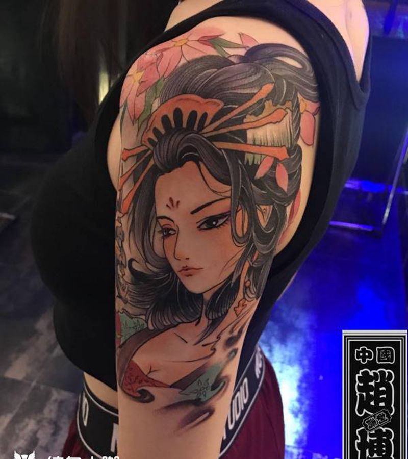 艺妓遮盖纹身纹身图片_手臂新传统艺妓纹身图案