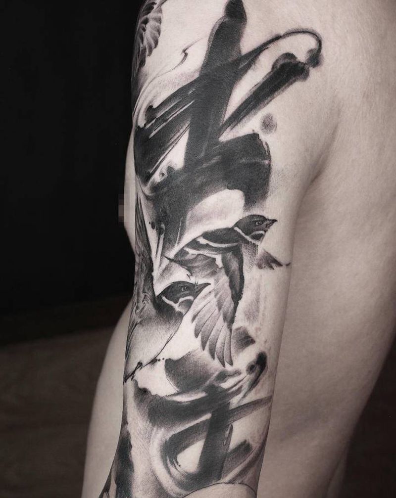 修改添加纹身图片_手臂水墨书法鸟花纹身图案