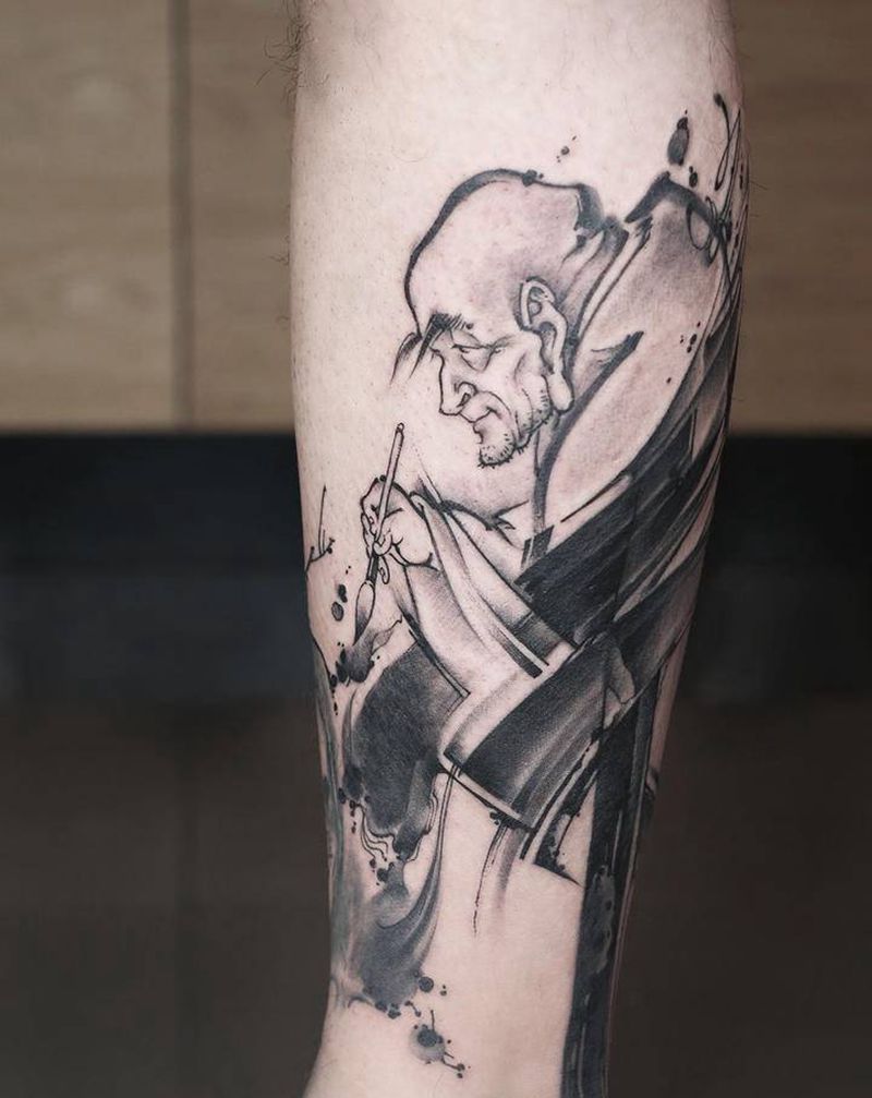 老者纹身图片_腿部水墨人物书法老者纹身图案