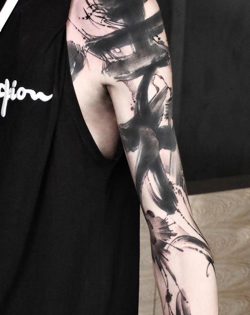 霖纹身图片_手臂水墨书法泼墨纹身图案