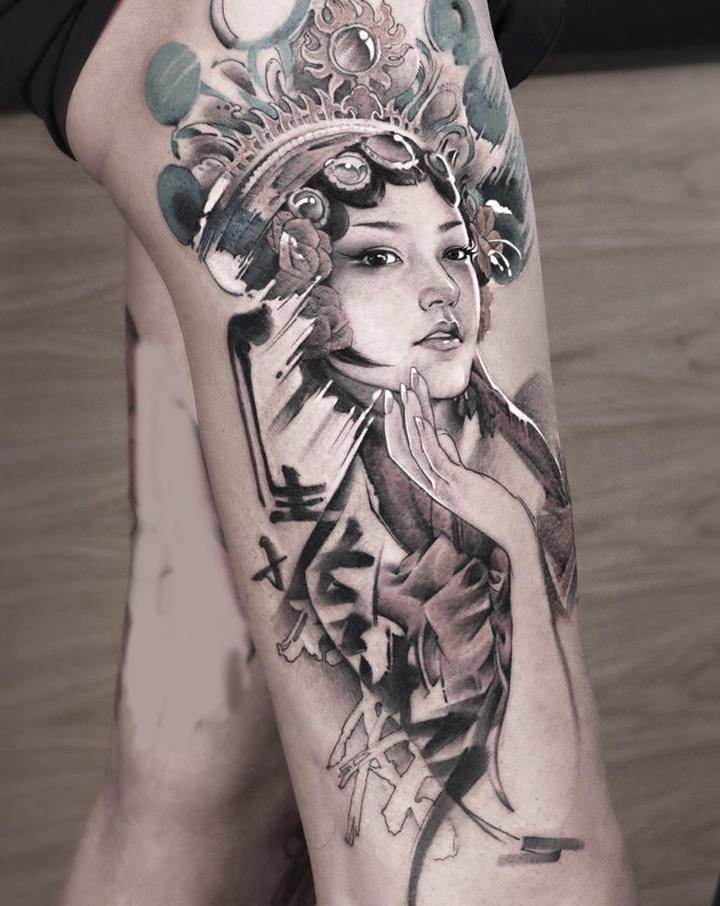 花旦纹身图片_腿部水墨花旦人物纹身图案