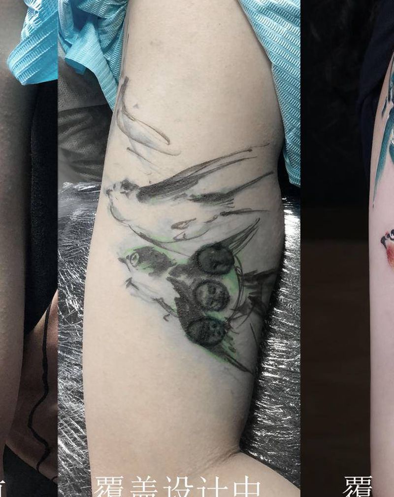 花鸟遮盖纹身图片_手臂水墨花鸟遮盖中国风纹身图案