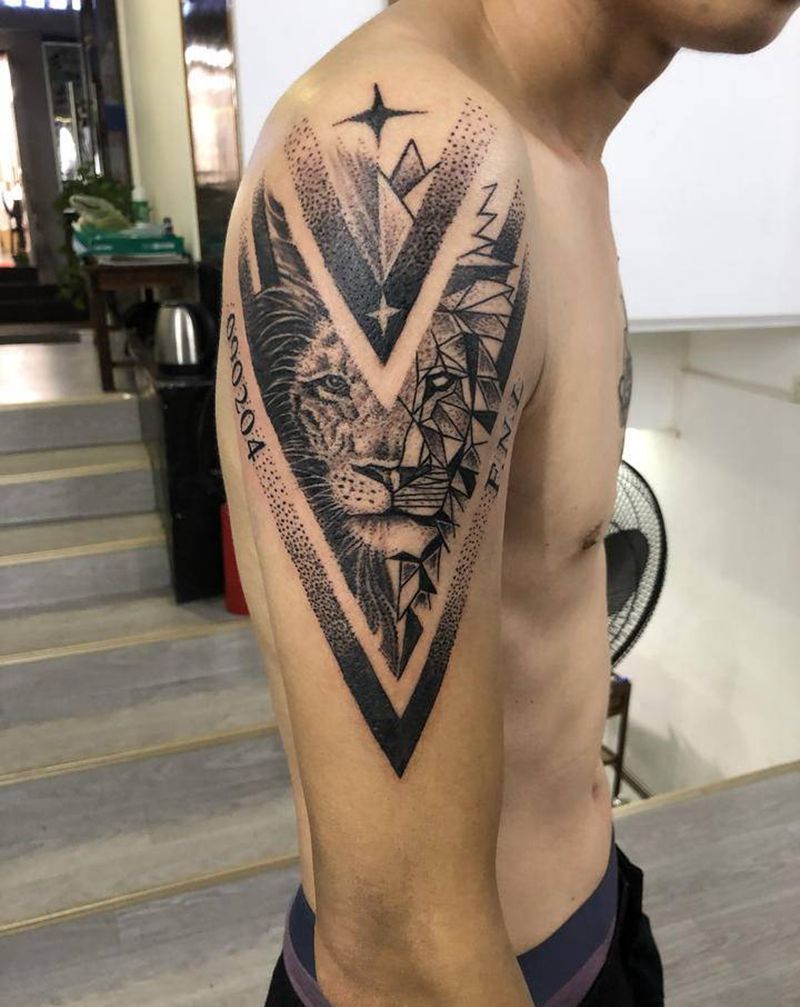 狮面几何图纹身图片_手臂几何纹身图案