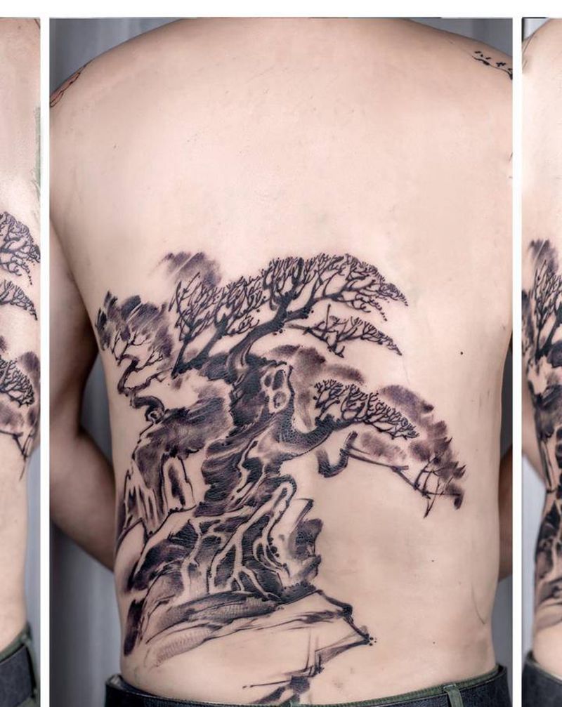 山水小满背纹身图片_背部水墨纹身图案