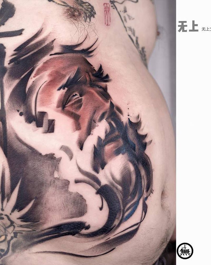老者纹身图片_腹部水墨纹身图案