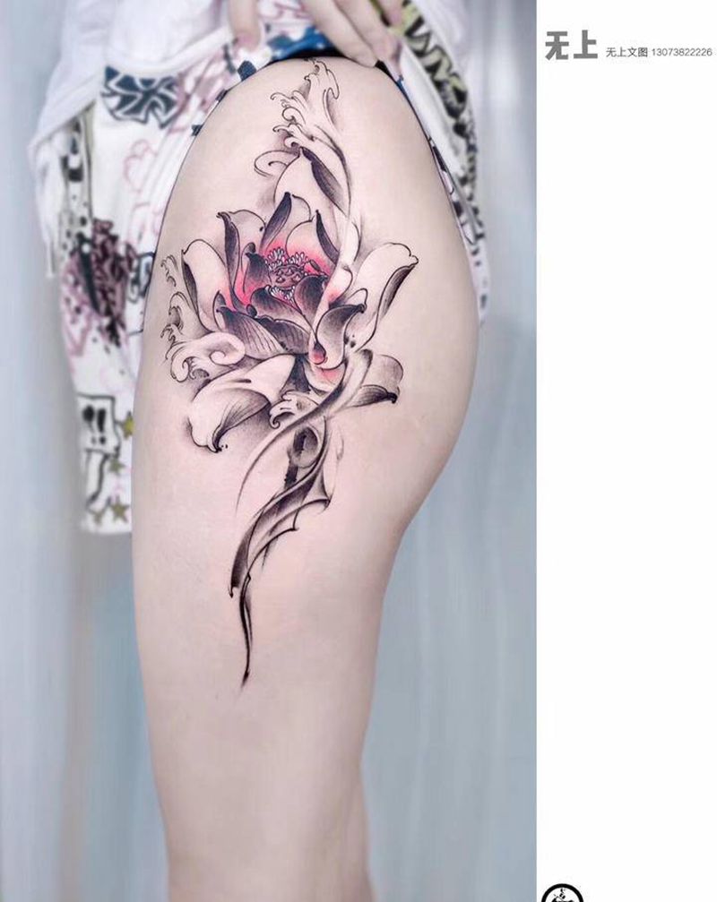 荷花纹身图片_腿部纹身图案