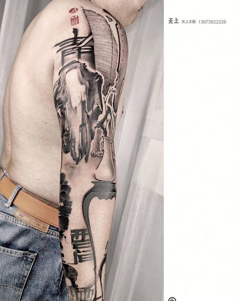 静思纹身图片_手臂中式静物纹身图案