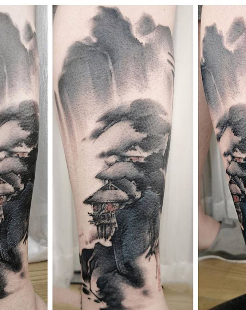 夜色山水纹身图片_腿部水墨纹身图案