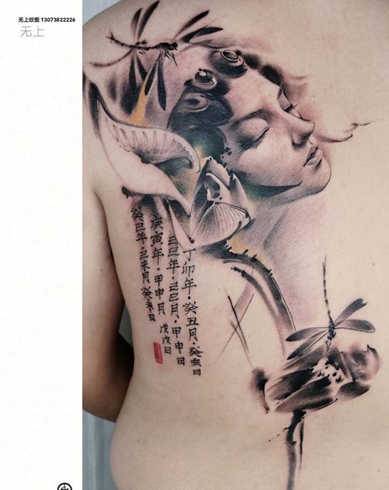 水墨花旦纹身图片_背部水墨纹身图案