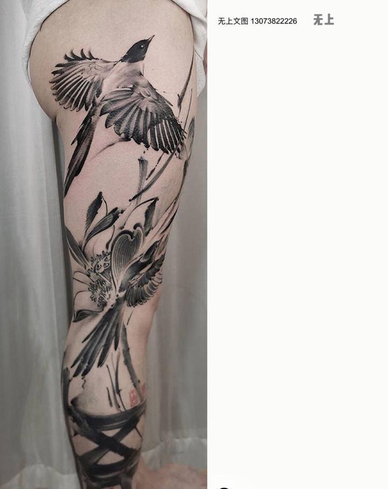 鹊灵纹身图片_腿部水墨纹身图案