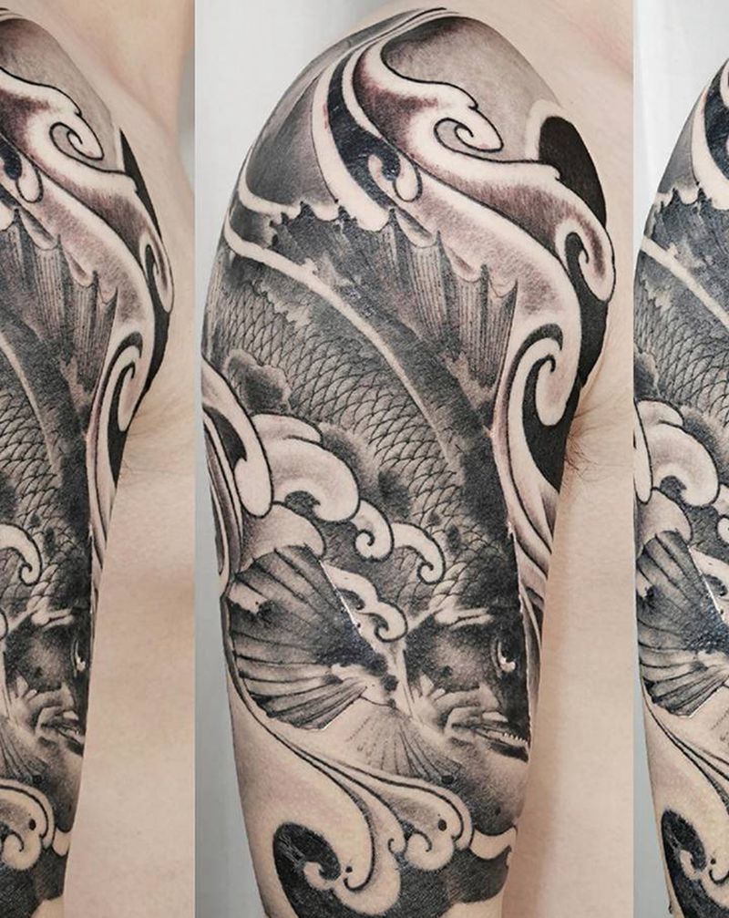 如鱼似水纹身图片_手臂水墨纹身图案