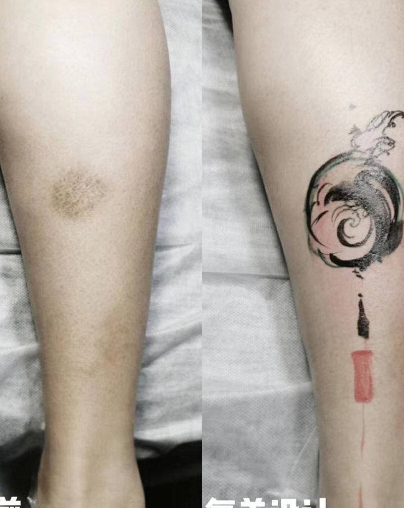 一帆风顺纹身图片_腿部水墨水彩纹身图案