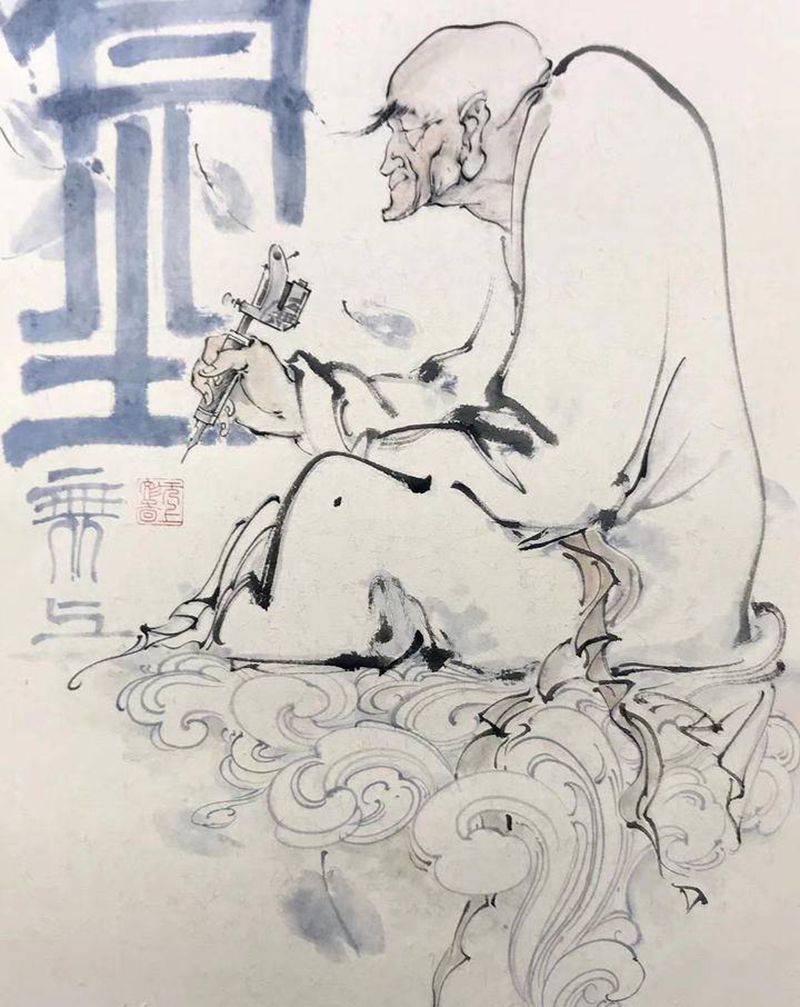 罗汉纹身图片_水墨纹身图案