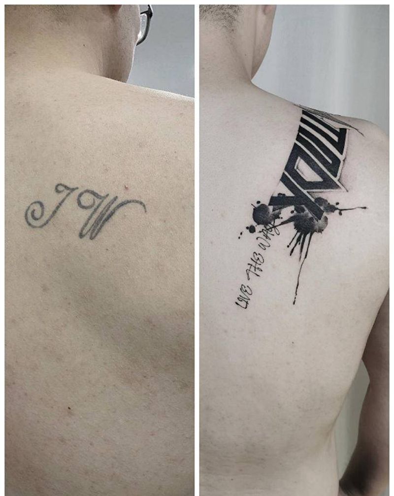 新中式水墨刺青遮盖 英文纹身图片_肩部水墨纹身图案