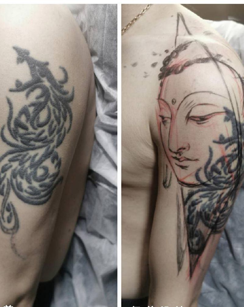 新中式水墨刺青遮盖修改纹身图片_手臂水墨纹身图案