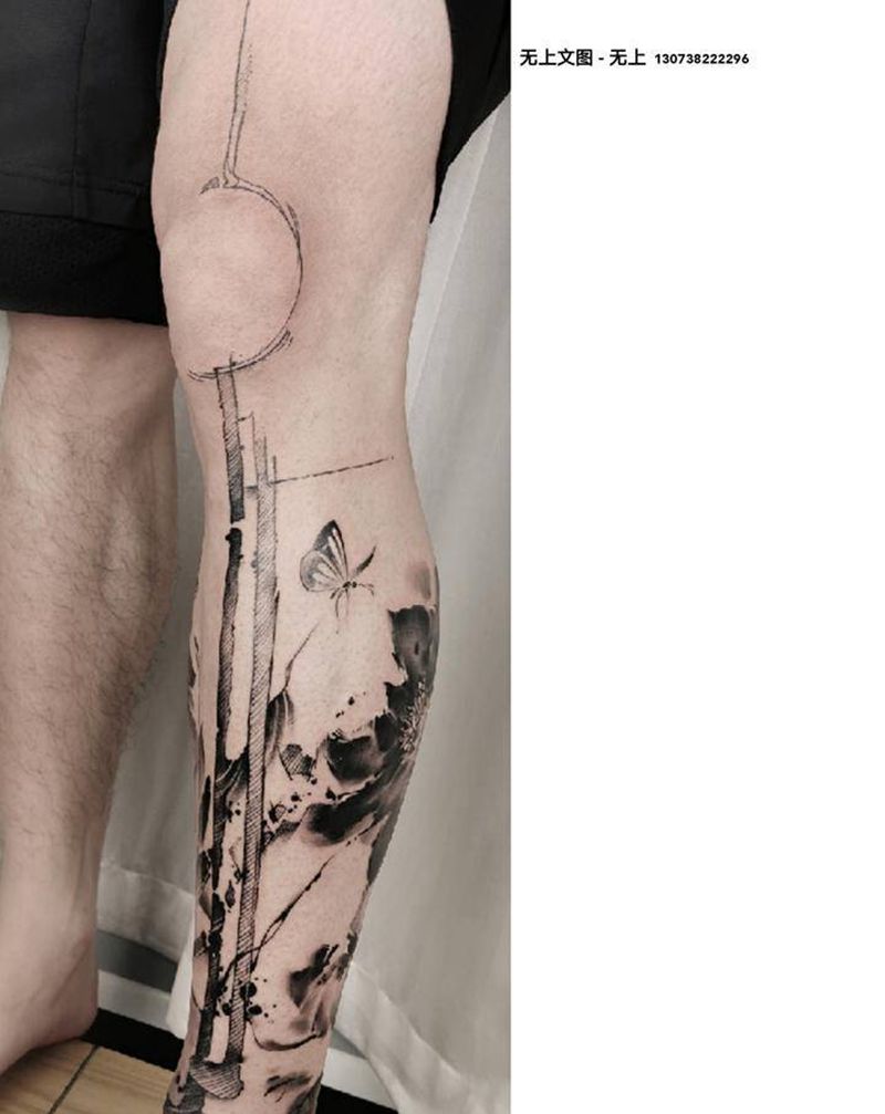 新中式水墨腿部刺青纹身图片_腿部水墨纹身图案