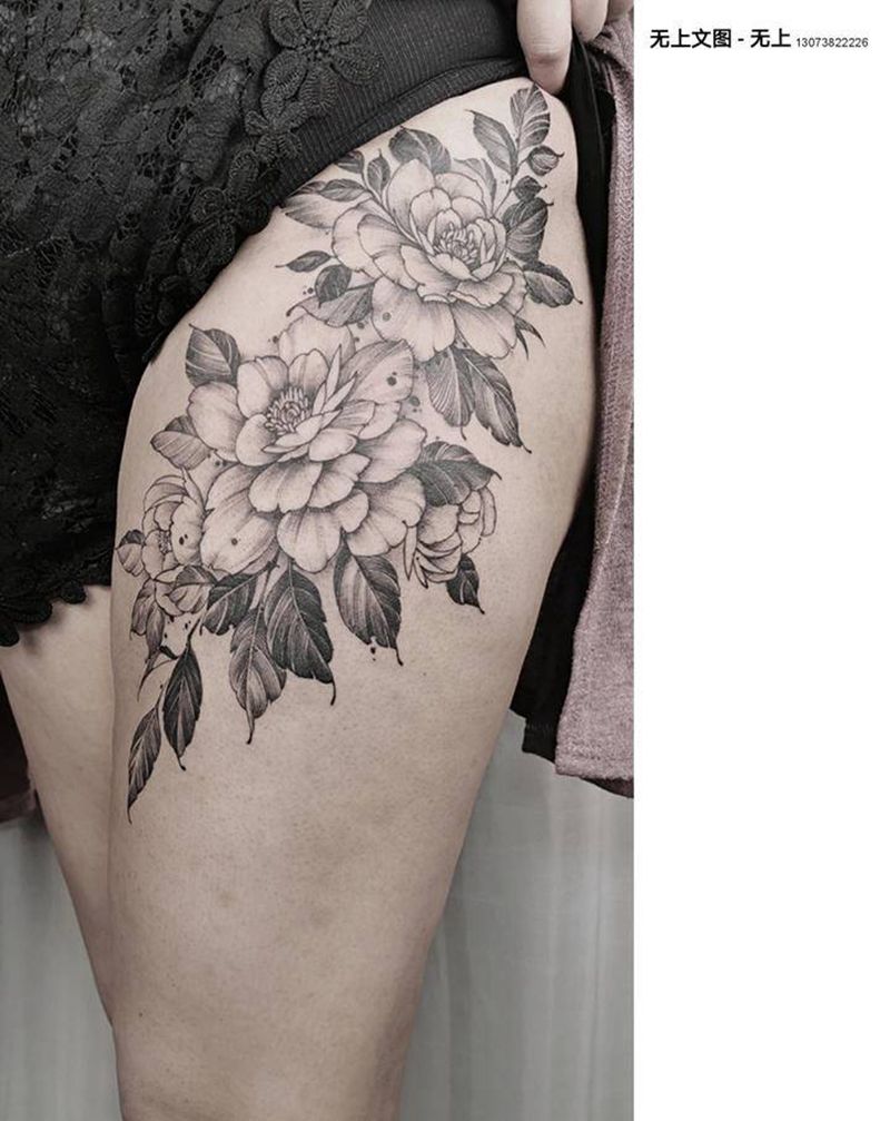 新中式水墨刺青 【牡丹】纹身图片_腿部水墨纹身图案