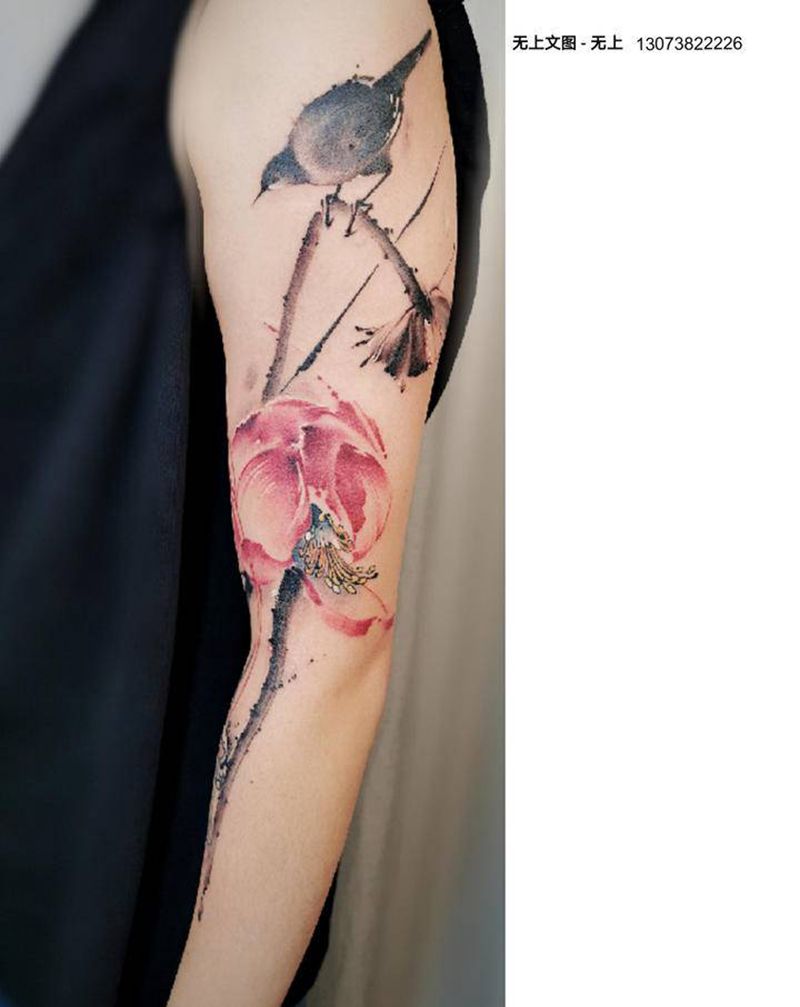 新中式水墨花鸟刺青 【初晓】纹身图片_手臂水墨纹身图案