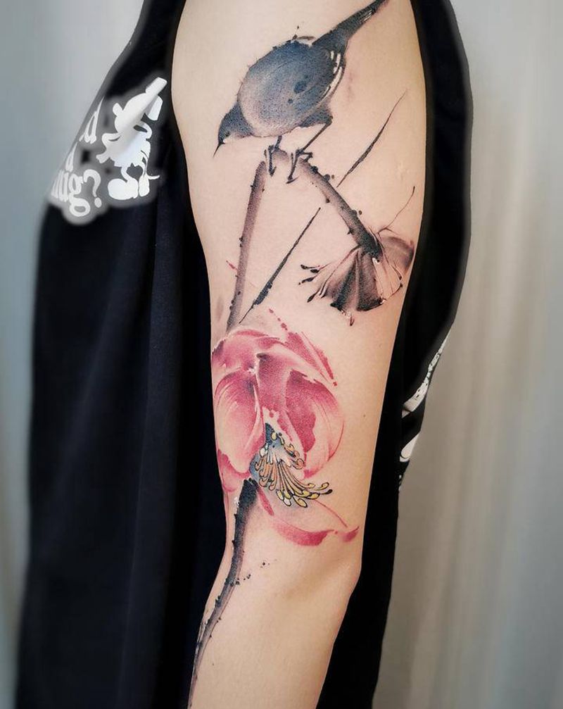 新中式水墨花鸟刺青  【初晓】纹身图片_手部水墨纹身图案