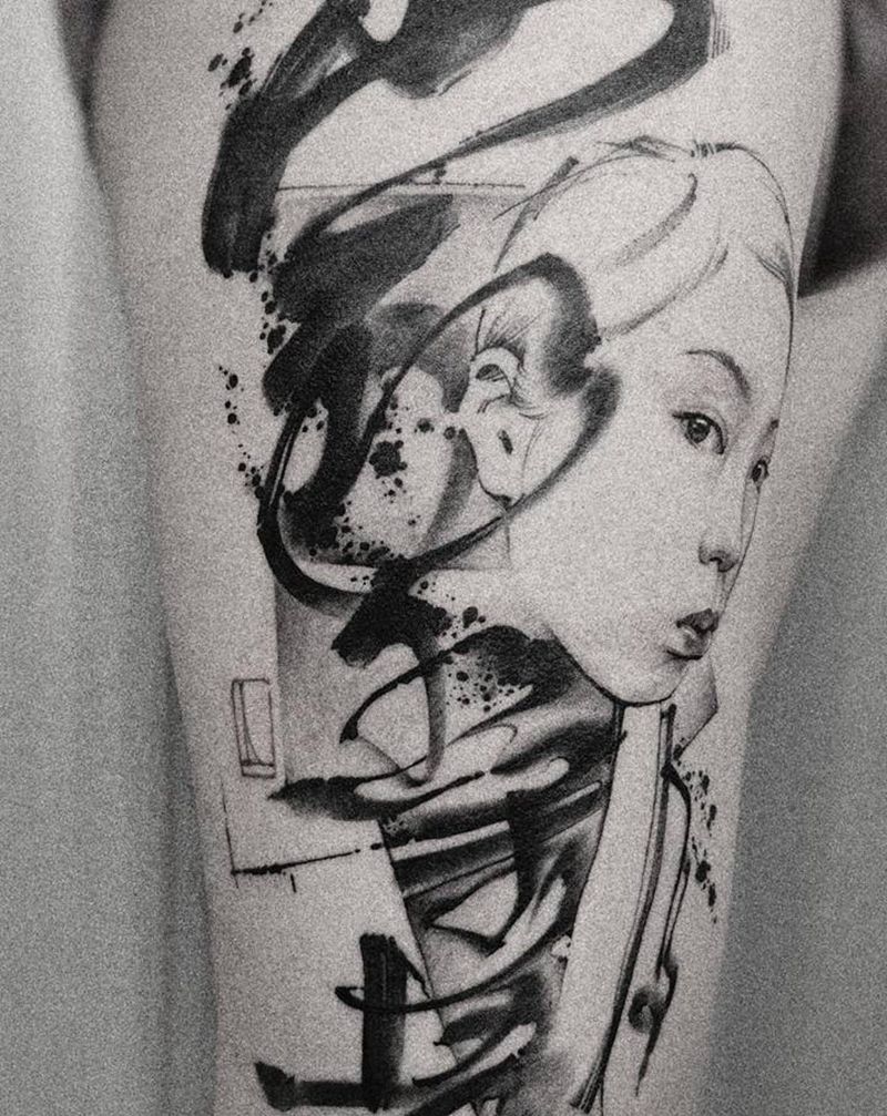 无上出品 《家和万事兴》纹身图片_腿部水墨纹身图案