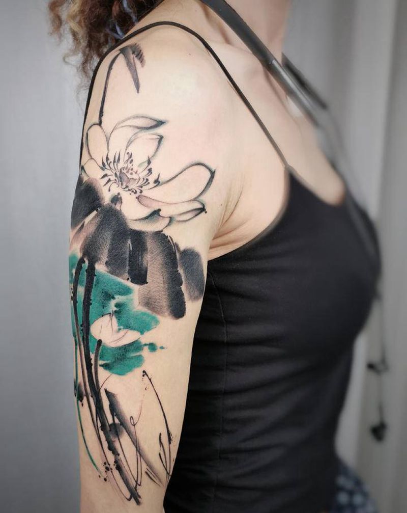 新中式水墨刺青【出水芙蓉】纹身图片_手臂水墨纹身图案