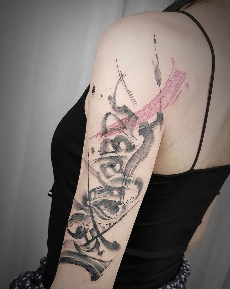 新中式水墨刺青【六字真言】纹身图片_手臂水墨纹身图案