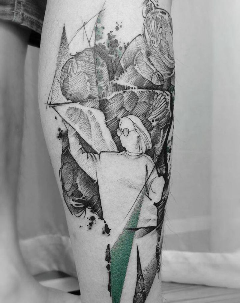 新水墨刺青爱侣组合定制纹身图片_腿部几何水墨纹身图案