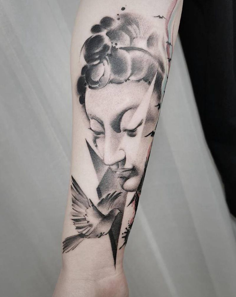 新中式水墨刺青修改添加【佛语】纹身图片_手臂水墨几何纹身图案