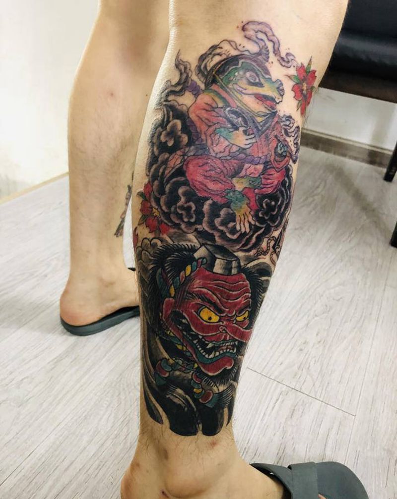 天狗和青蛙纹身图片_腿部纹身图案