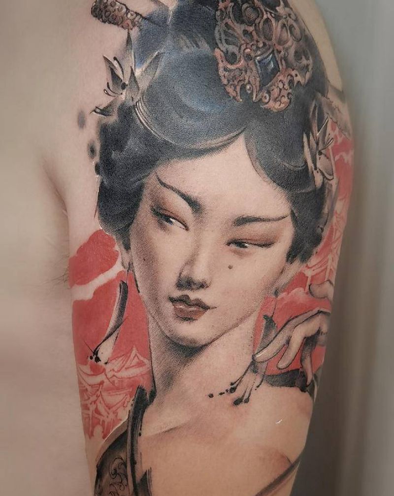 新中式水墨仕女【无媚】创作释义纹身图片_手臂水墨纹身图案