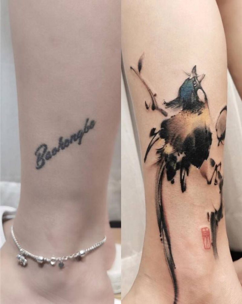 新中式水墨刺青遮盖【天歌】纹身图片_腿部水墨纹身图案