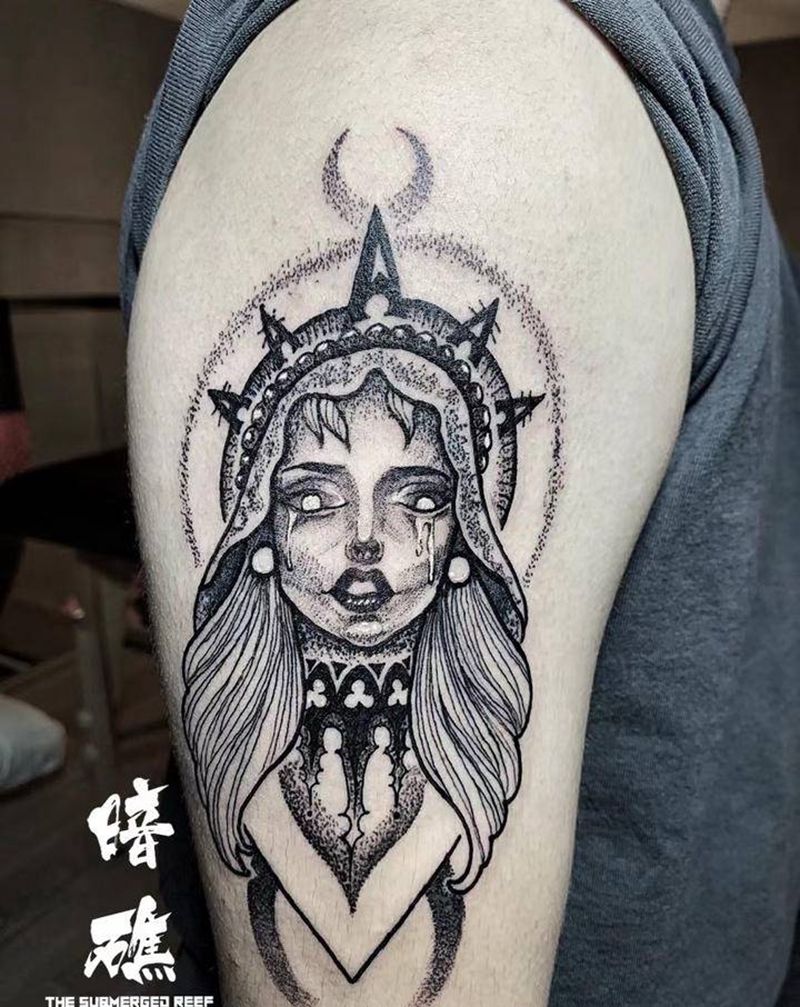 暗黑圣母纹身图片_手臂点刺纹身图案