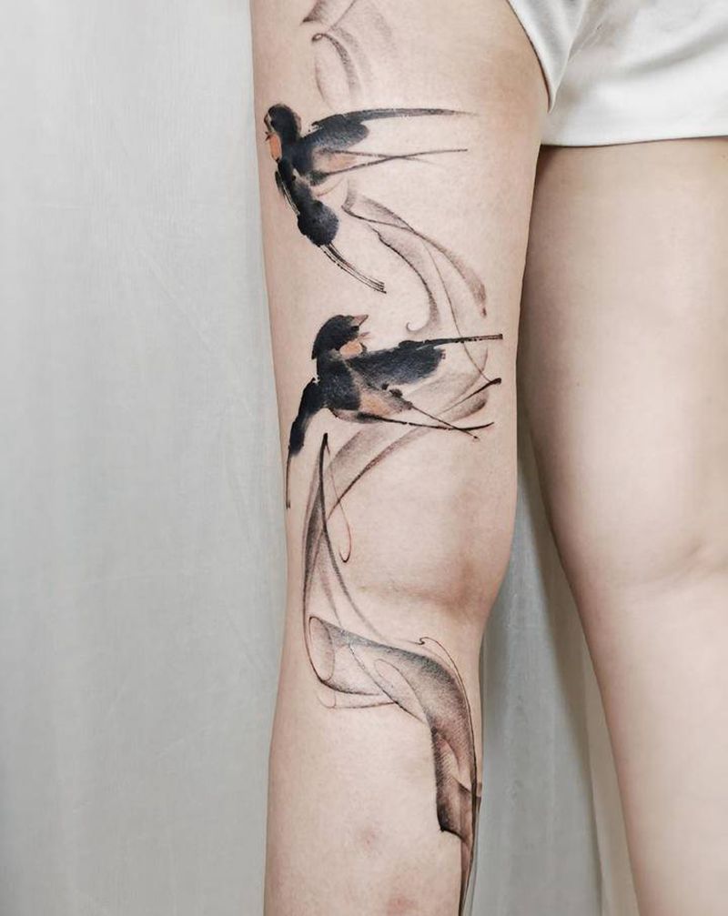 新中式水墨刺青 疤痕覆盖纹身图片_腿部水墨纹身图案