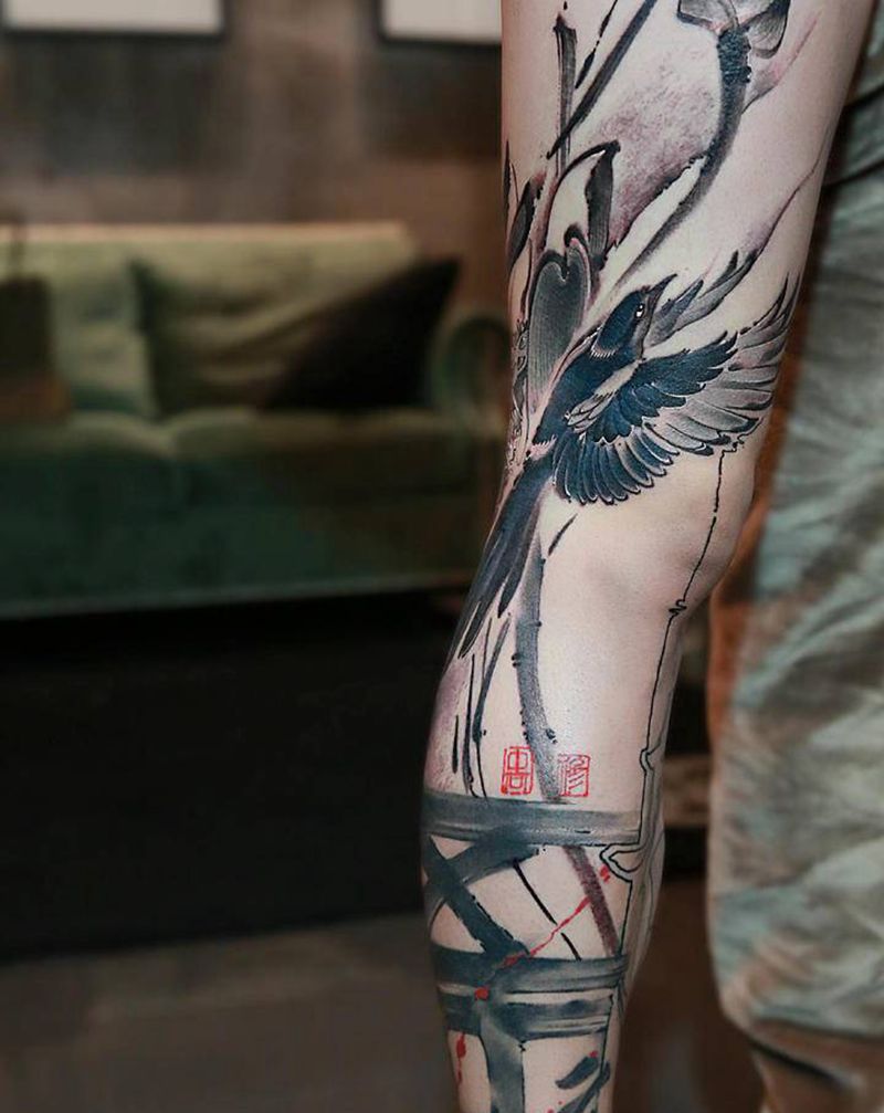 无上   无上纹图出品纹身图片_腿部水墨纹身图案