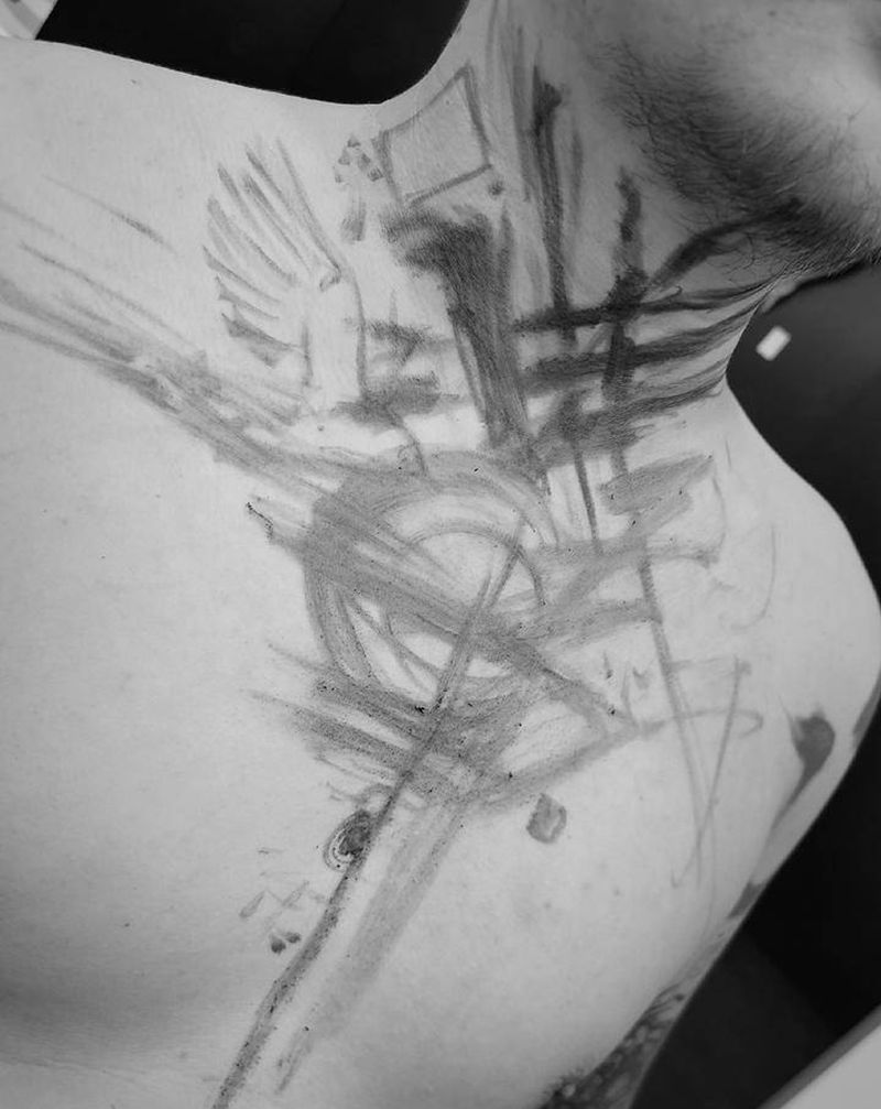 旧燕归巢纹身图片_颈部水墨纹身图案