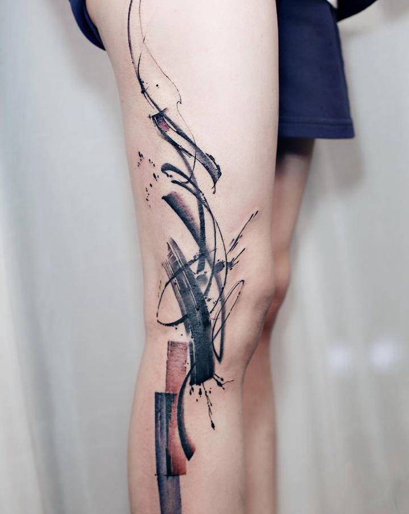 笔刷纹身图片_腿部水墨纹身图案