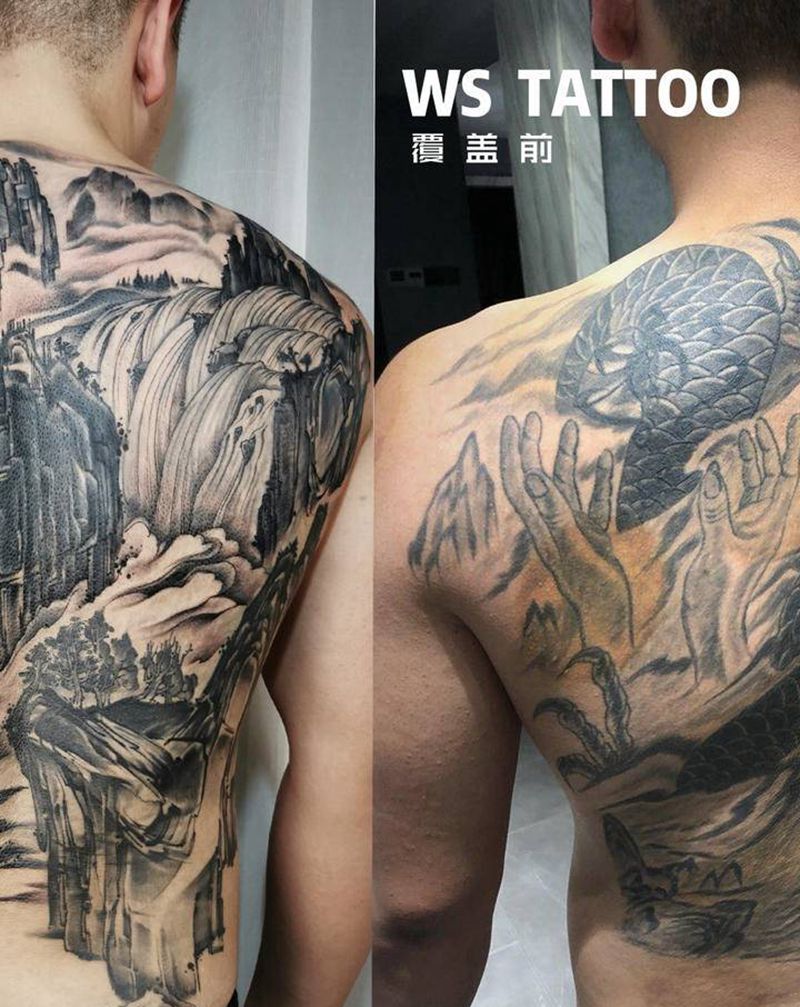 山水纹身图片_背部水墨纹身图案
