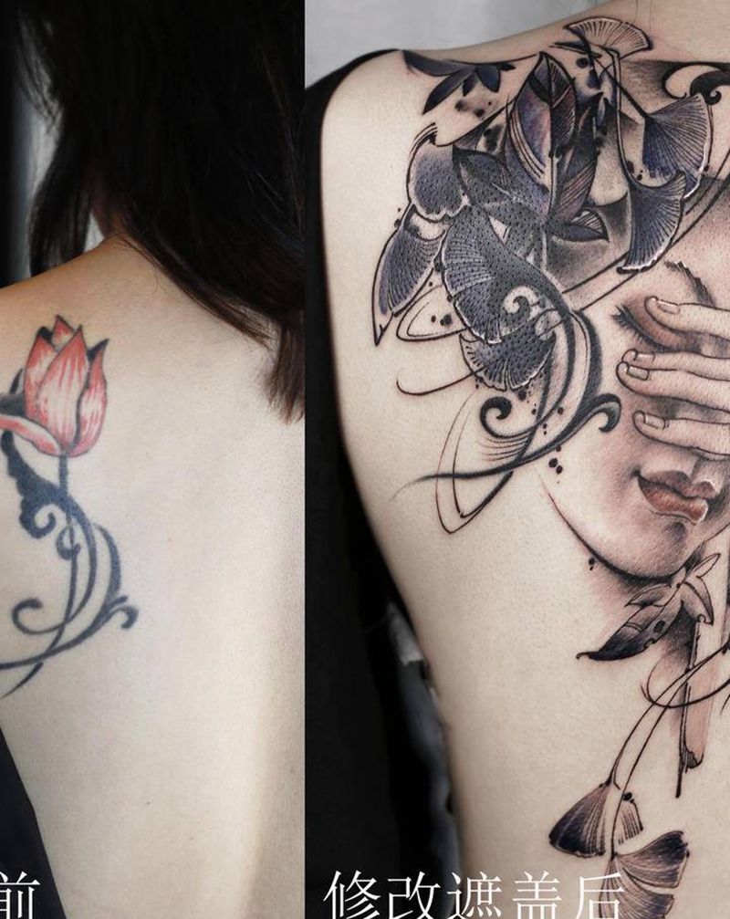 一叶知秋纹身图片_背部水墨纹身图案