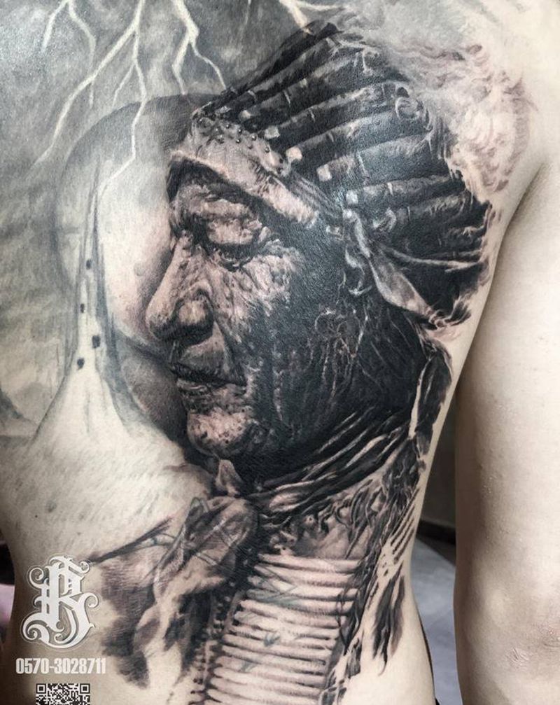 印第安人满背(遮盖未完)纹身图片_背部欧美写实印第安人纹身图案