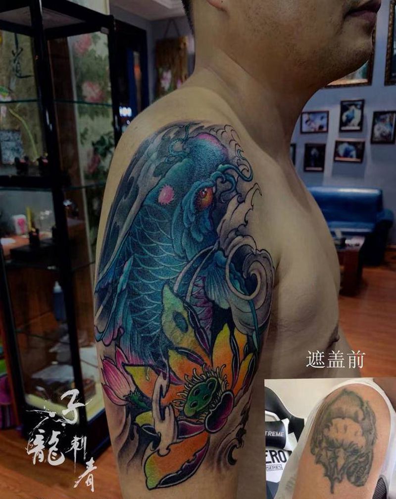 手臂鲤鱼遮盖失败纹身纹身图片_手臂纹身图案