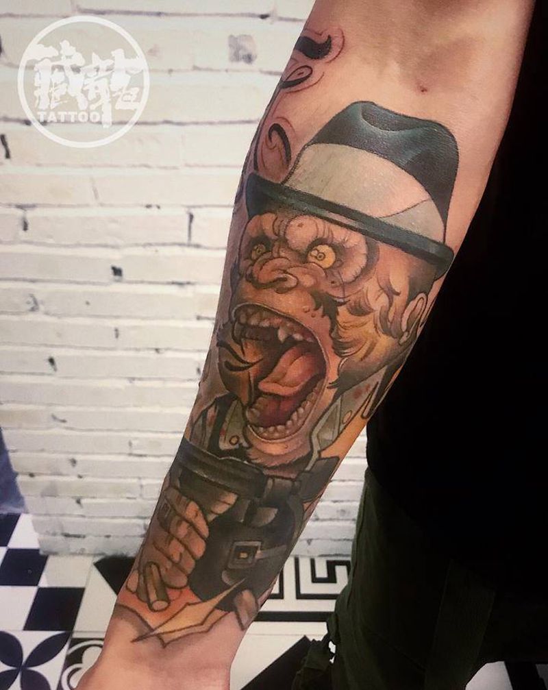 大猩猩纹身图片_手臂New School猴子 猩猩卡通纹身图案