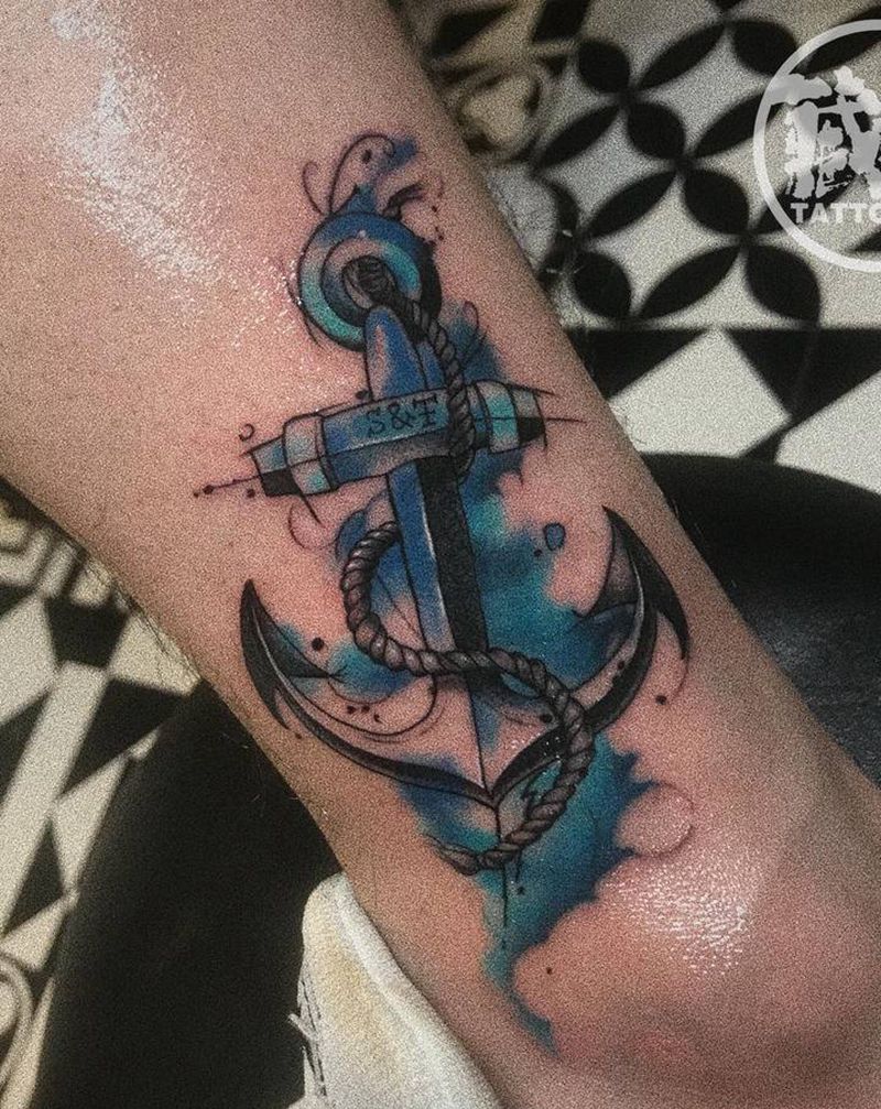 船锚纹身纹身图片_脚部水墨水彩纹身图案