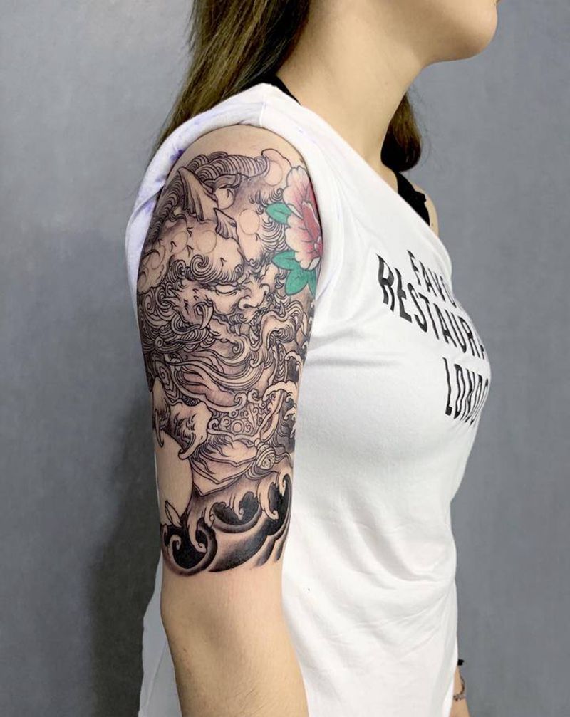 唐狮子纹身图片_手部手臂老传统新传统纹身图案